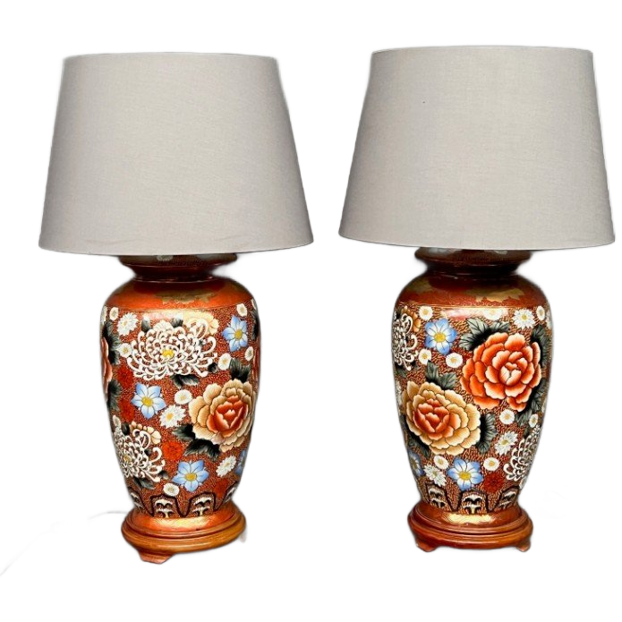 Paar Grote Tafellampen. Beschilderd Porselein. Hoogte 80 Cm. image 1