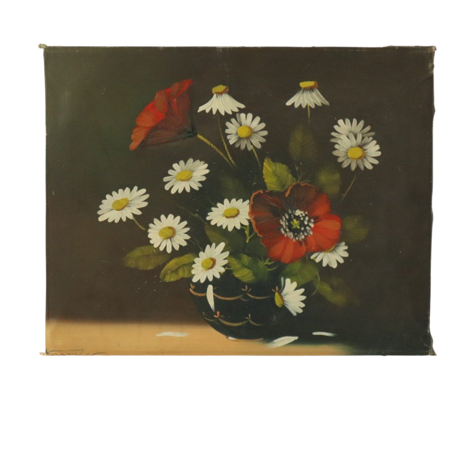 Bloemen Stilleven Schilderij Margrieten Klaproos Gesigneerd 47x38cm image 1
