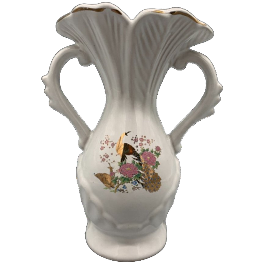 Vintage Vaasje Wit Porselein Print Pauw Goudkleurig image 1