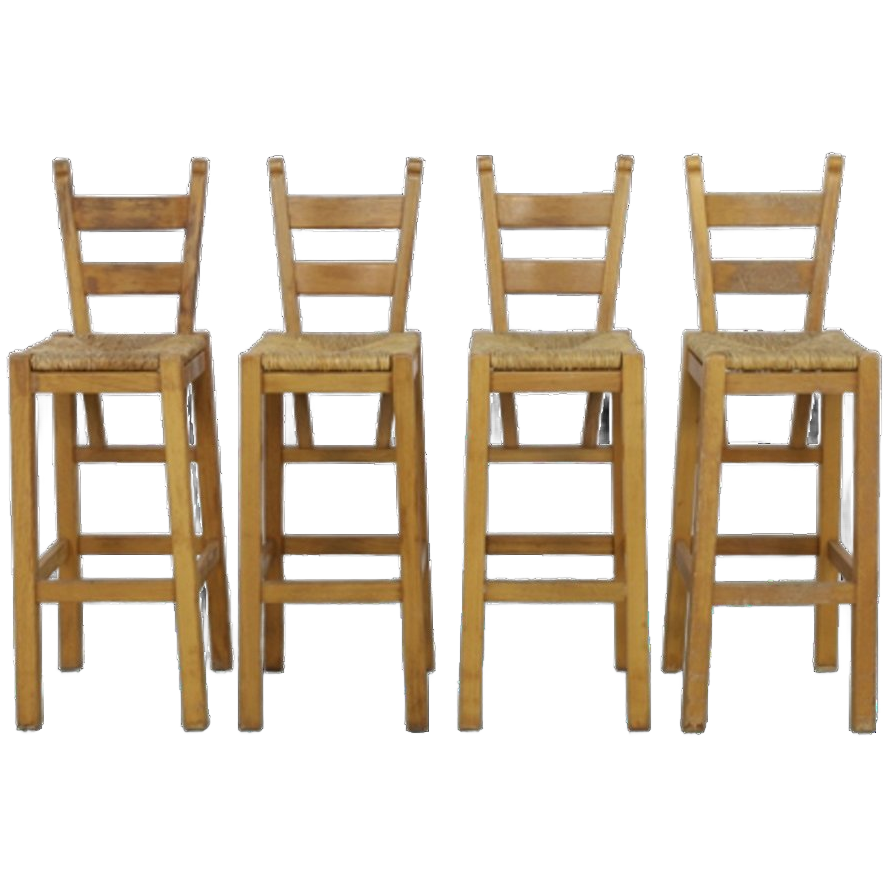 4x Vintage Barkruk Hout & Riet, 1970s image 1