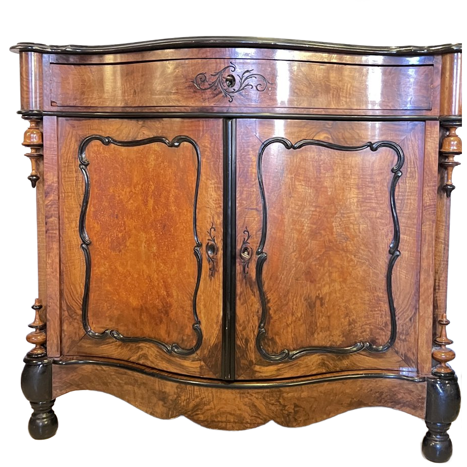 Antieke Mahonie Kast Met Twee Deuren En Lade, Zwarte Details Zgn. Willem 3 Stijl, 113 Cm Breed image 1