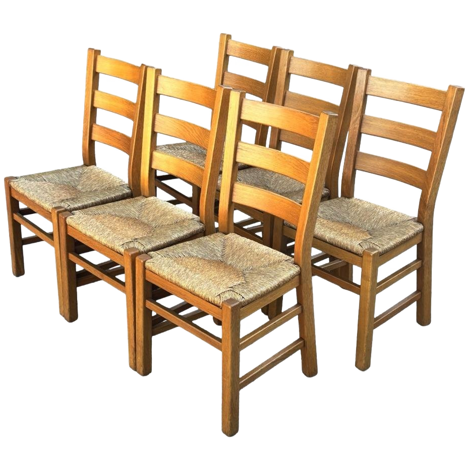 Vintage Set Van 6 Eetkamerstoelen Eiken En Riet Design image 1