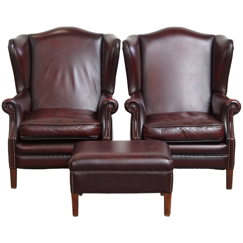 Set Van 2 Mooie En Comfortabele Bordeauxrode Rundleren Oorfauteuils + Hocker In Engelse Stijl image 1