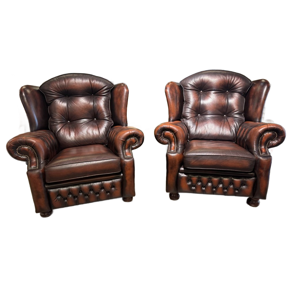 2x Engelse Springvale Chesterfield Oorfauteuils Suzanne Dark Rust / Rood Bruin image 1
