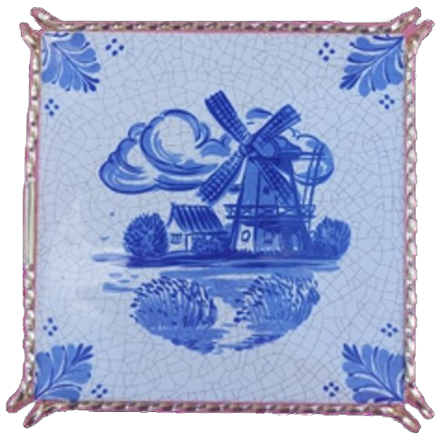 Vintage Onderzetter/tegel Servais Blauwe Wit Met Koperen Kader image 1