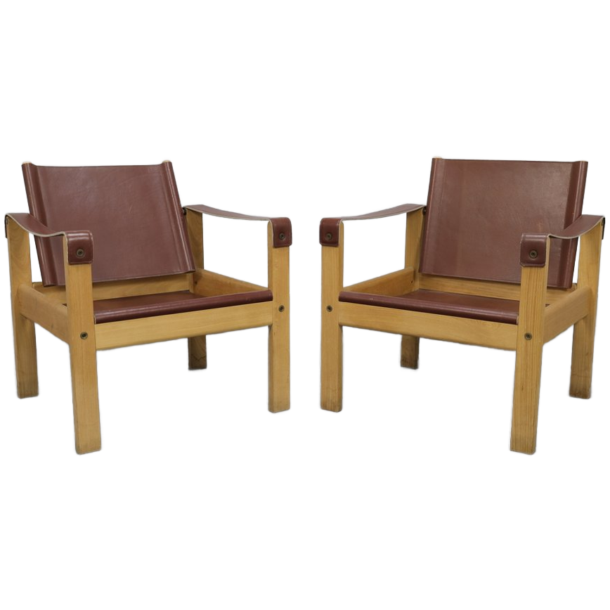 Set Of 2 Lounge Chairs In Teak And Saddle Leather By Karl Heinz Bergmiller For Escriba, Brazil, 1970s image 1