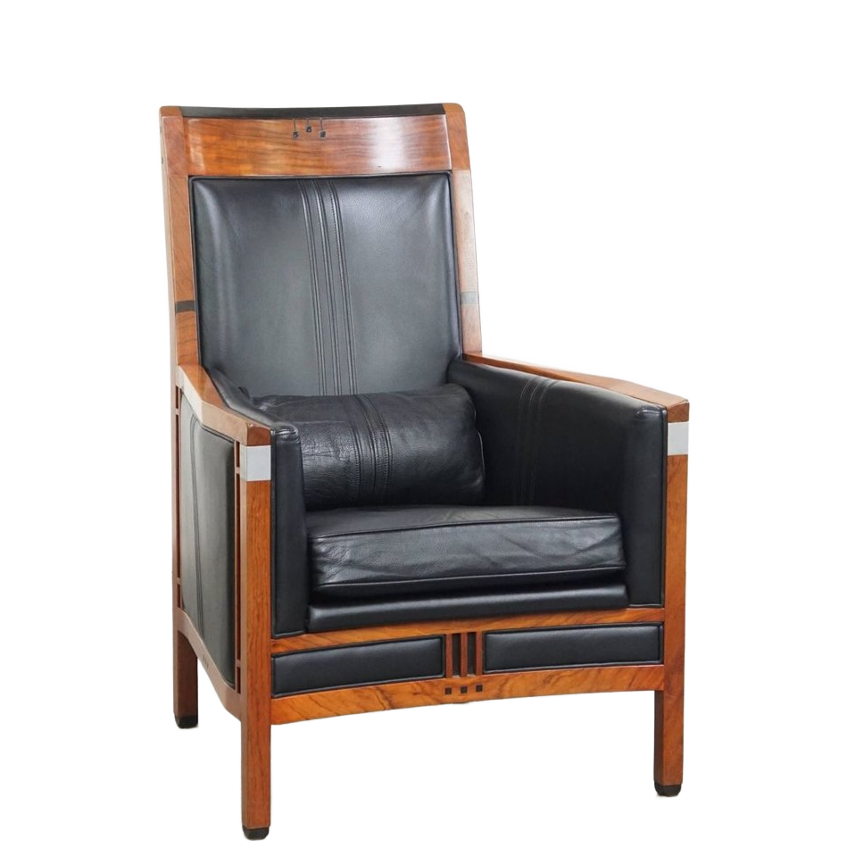 Mooie Zwarte Rundleren En Houten Art Deco Design Fauteuil Van Schuitema Uit De Decoforma Serie image 1
