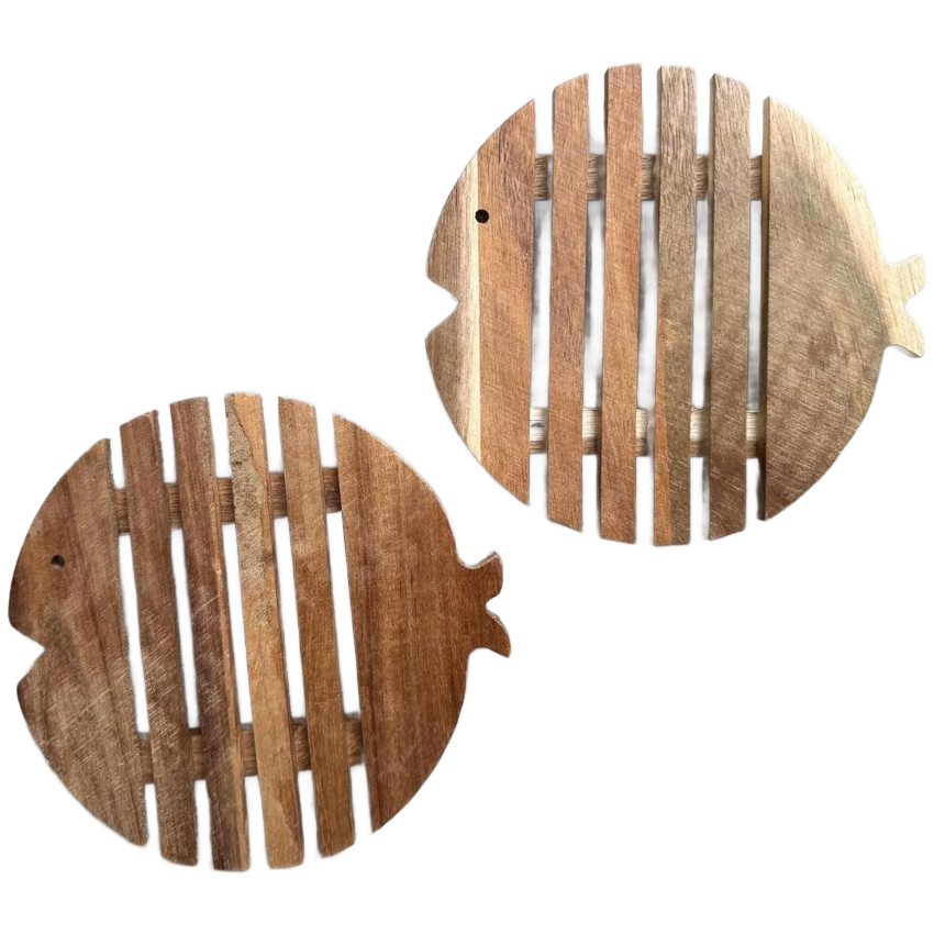 2 Vintage Houten Vis Pan Onderzetters image 1