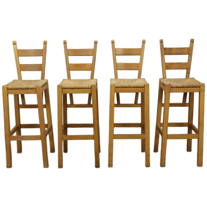 Set Of 4 Bar Stools In Solid Oak And Rattan, 1970s image 1