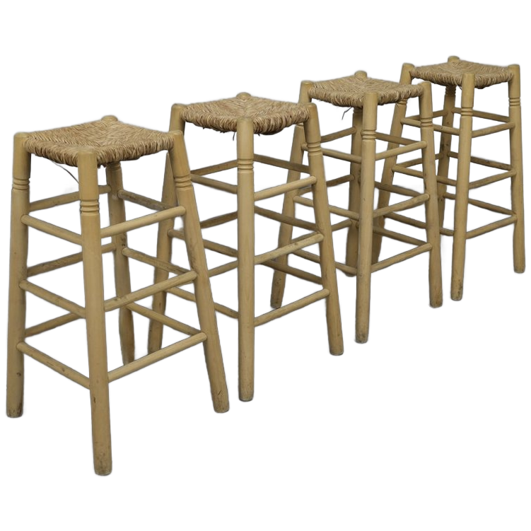 Set Of 4 Barstools In Wood And Cane, 1970s image 1