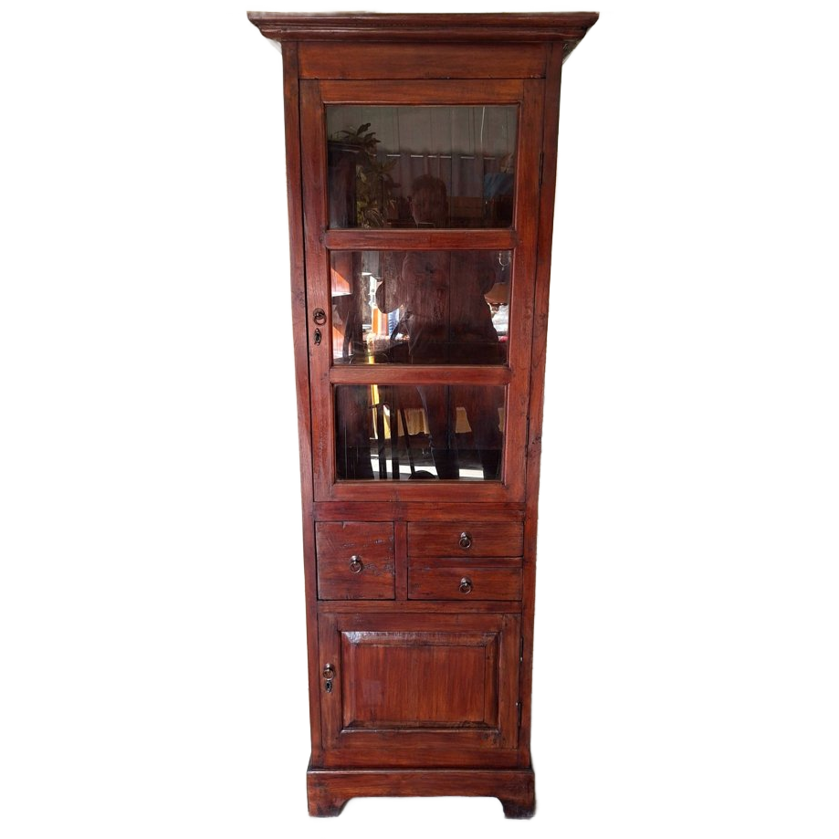 Koloniale Teakhouten Vitrinekast. Servieskast, Leuk Te Gebruiken Als Whiskeybar, Wijnkast Afm. 71x48cm En 202cm Hoog. image 1