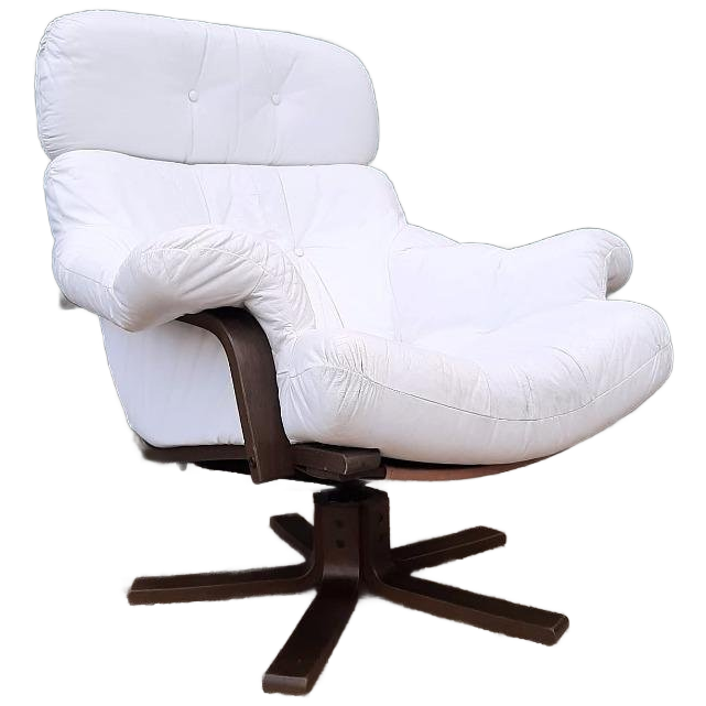 Vintage Design Fauteuil Wit Leer Houten Poot Draaifauteuil image 1
