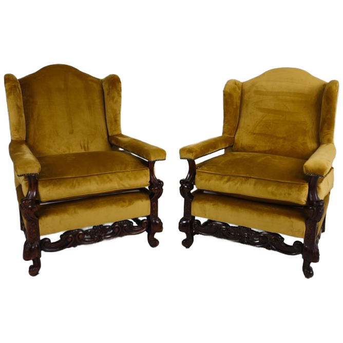 Paar 19e-eeuwse Gesneden Notenhouten Fauteuils – Bloemmotieven – Fluwelen Bekleding image 1