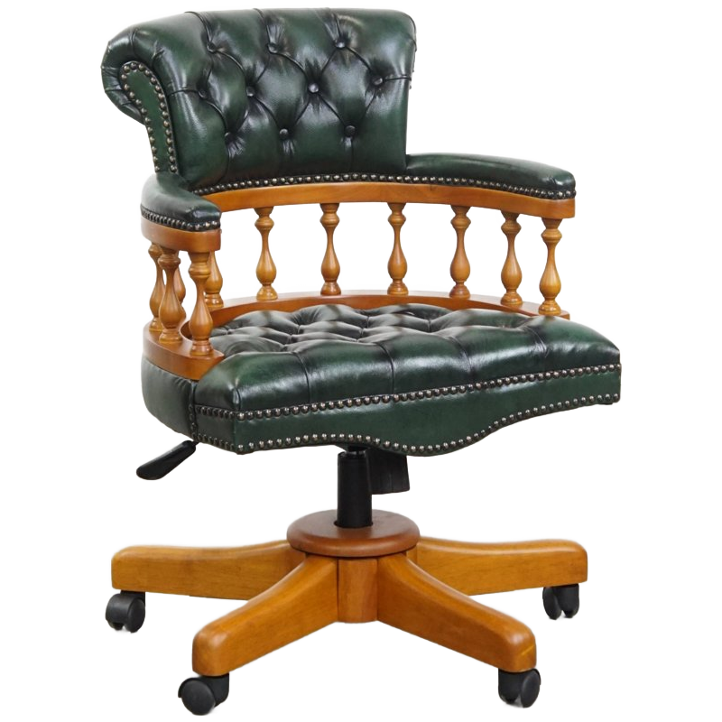 Groene Klassieke En Tijdloze Chesterfield Bureaustoel Gemaakt Van Rundleer Op Wieltjes image 1