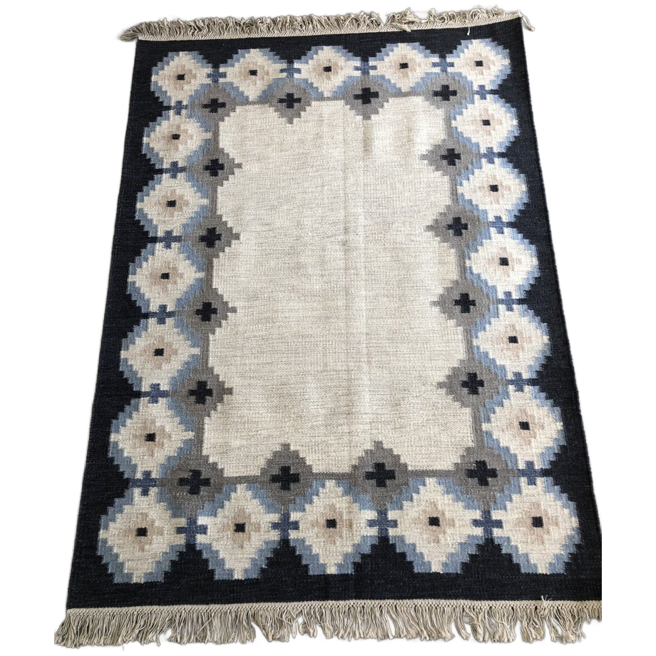 Handgeweven Scandinavisch Wollen Röllakan Vloerkleed Blauw Grijs Crème image 1