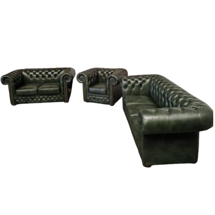 Chesterfield Brighton Antiek Groen – 1+2+3-Zits Bankset Met Salontafel image 1