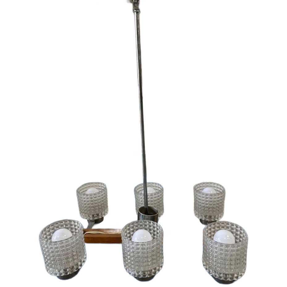 Vintage Plafondlamp / Luster : Glas & Chroom & Hout image 1