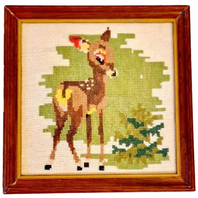 Vintage Geborduurd Schilderij Bambie Hertje Vintage Jaren 60 image 1