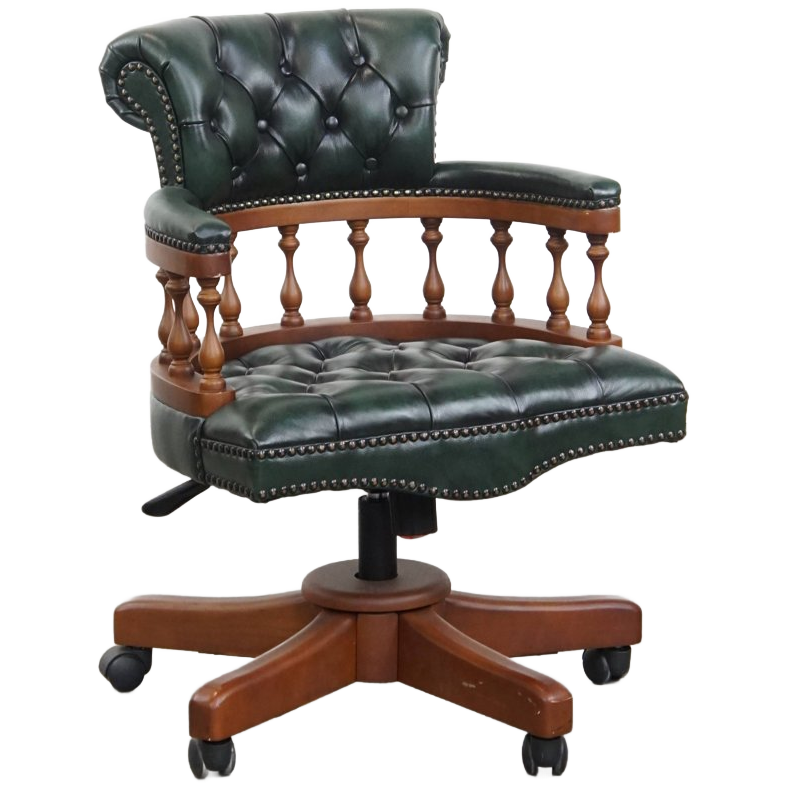 Stijlvolle Functionele Rundleren En Houten Donkergroene Chesterfield Bureaustoel Op Wieltjes image 1