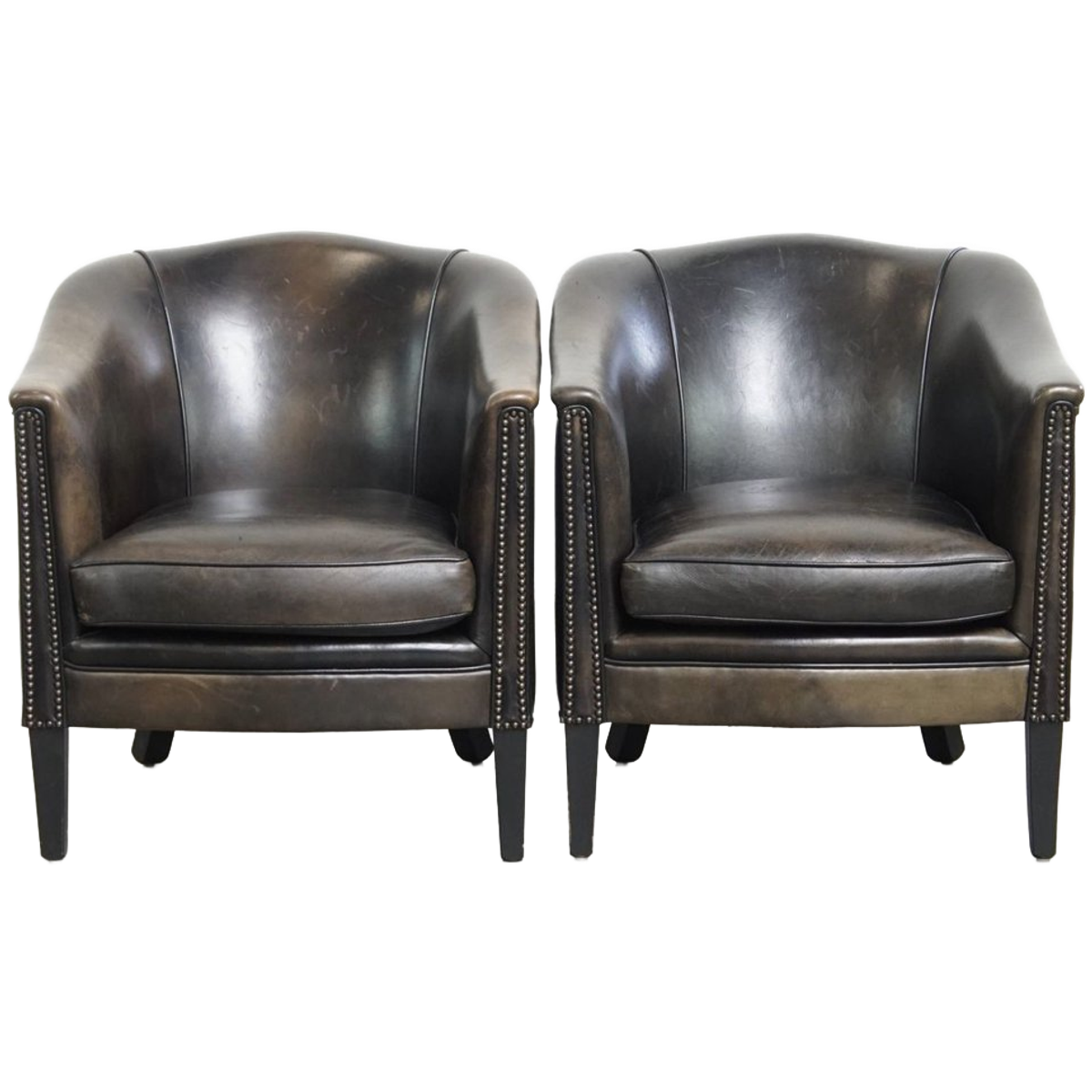 Unieke Set Van 2 Subtiele Zwart/ Grijze Schapenleren Clubfauteuils Met Een Mooi Patina image 1
