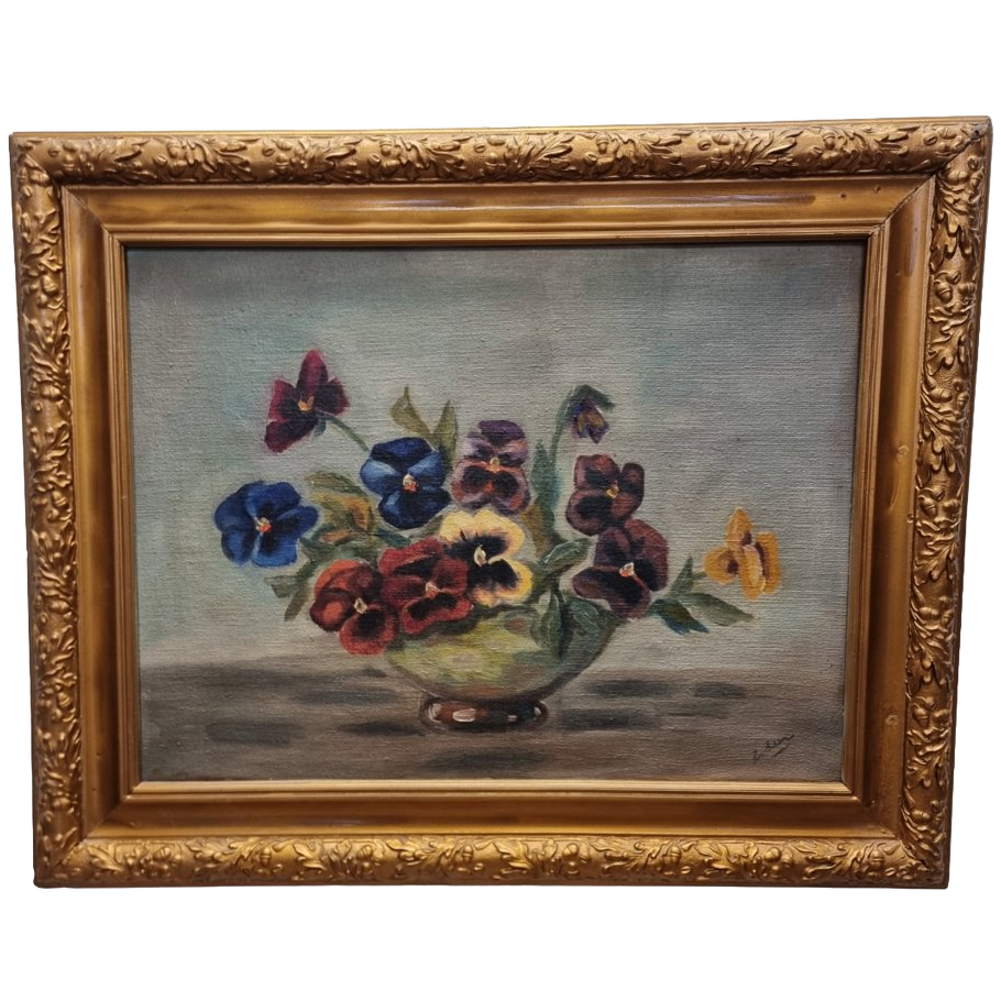 Vintage Olieverf Schilderij Met Violen image 1