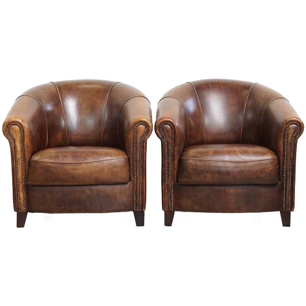 Charmante En Unieke Set Van 2 Schapenleren Clubfauteuils Met Een Comfortabele Zit image 1