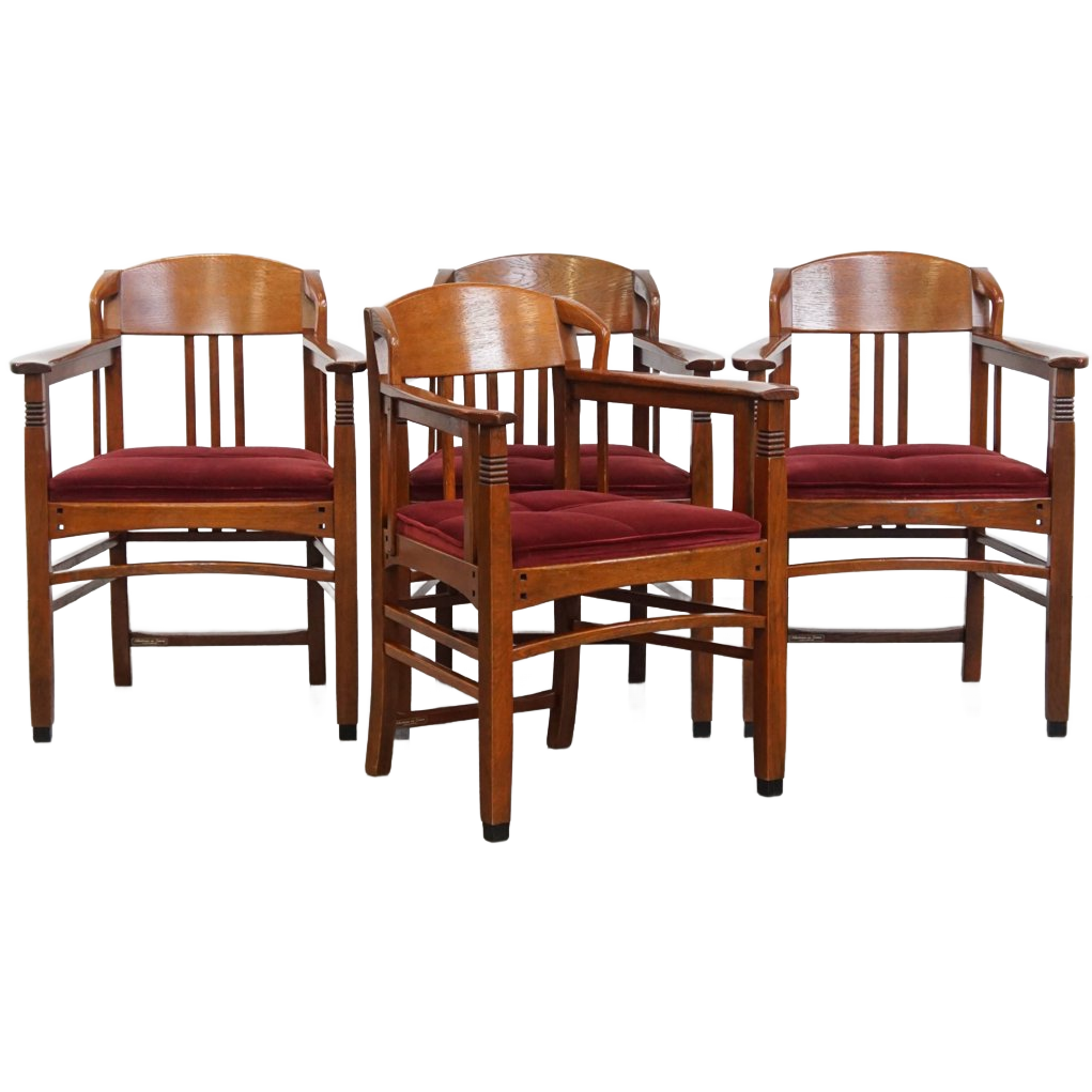 Set Van 4 Art Nouveau/ Jugendstil Design Schuitema Eetkamerstoelen Met Rode Stoffen Bekleding image 1