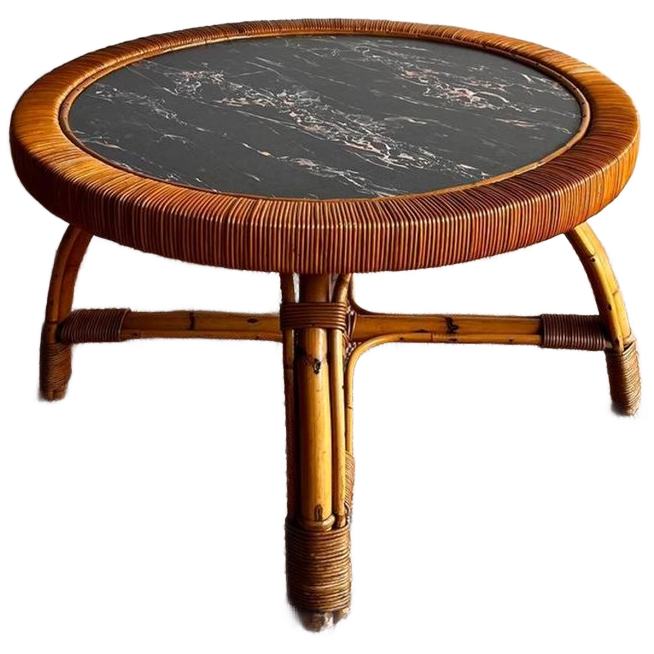 Sale ! Rotan Bamboe Salontafel Met Marmer Look Vintage image 1