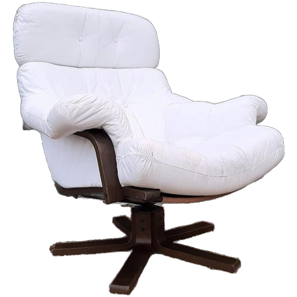 Vintage Design Fauteuil Wit Leer Houten Poot Draaifauteuil image 1