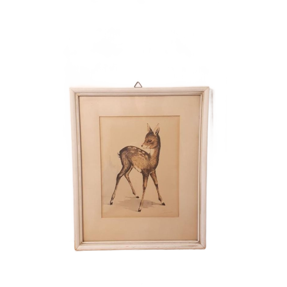 Vintage Schilderij Hertje Aquarel Tekening Gesigneerd image 1