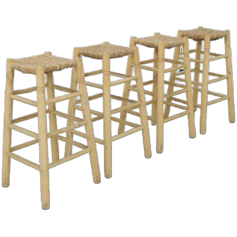 4x Vintage Barkruk Hout En Riet 1970s image 1