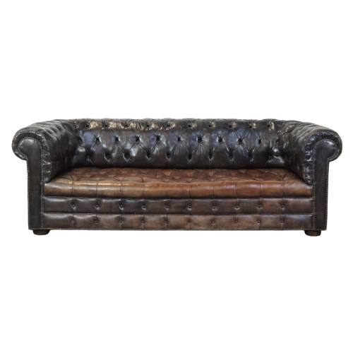 Zeer Luxe, Antieke Rundleren 3 Zits Chesterfield Bank Met Een Uniek Karakter En Een Uitmuntend Pa image 1