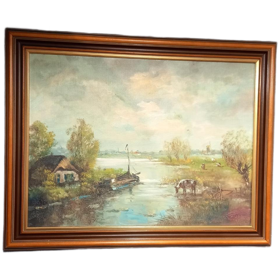 Antiek Xl Olieverf Schilderij Op Linnen image 1