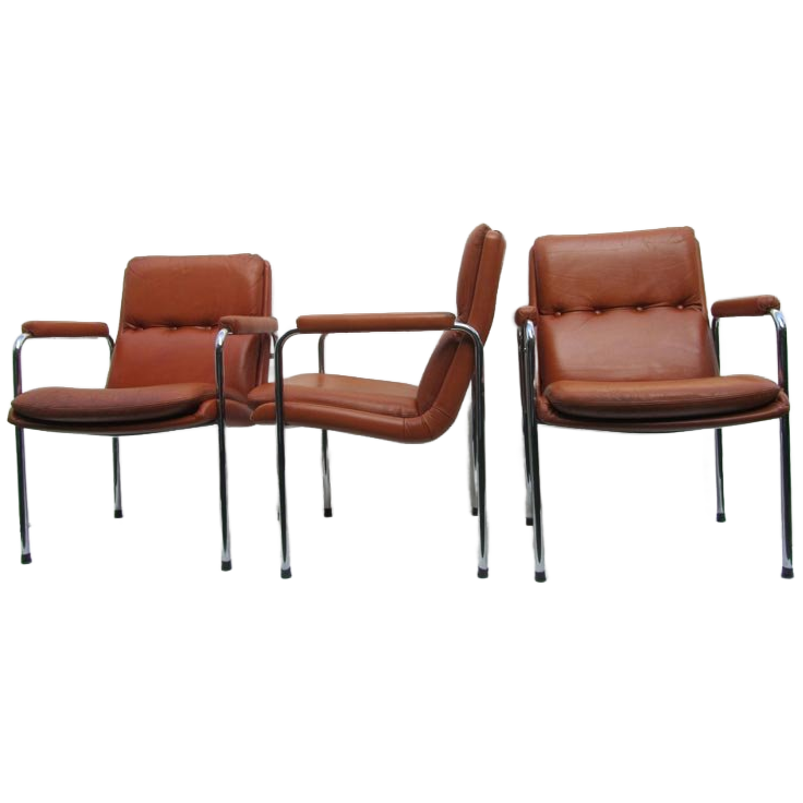 4 Vintage Cognac Leren Lounge Stoelen Artifort Geoffrey Harcourt image 1