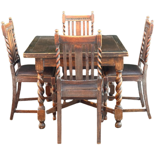 A 1920S Oak Draw-Leaf Dining Table, On Barley-Twist Legs  And 4 Stoelen image 1