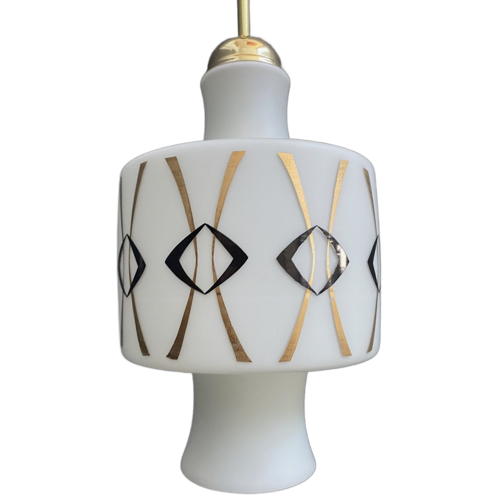 Opaline Glass Pendant Lamp With Gold And Black Drawing image 1