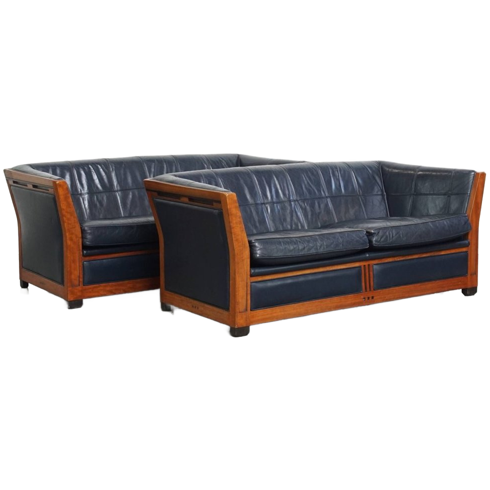 Luxe Set 2.5 Zits Schuitema Art Deco Design Banken Met Mooi Houtwerk En Donkerblauw Rundleer image 1