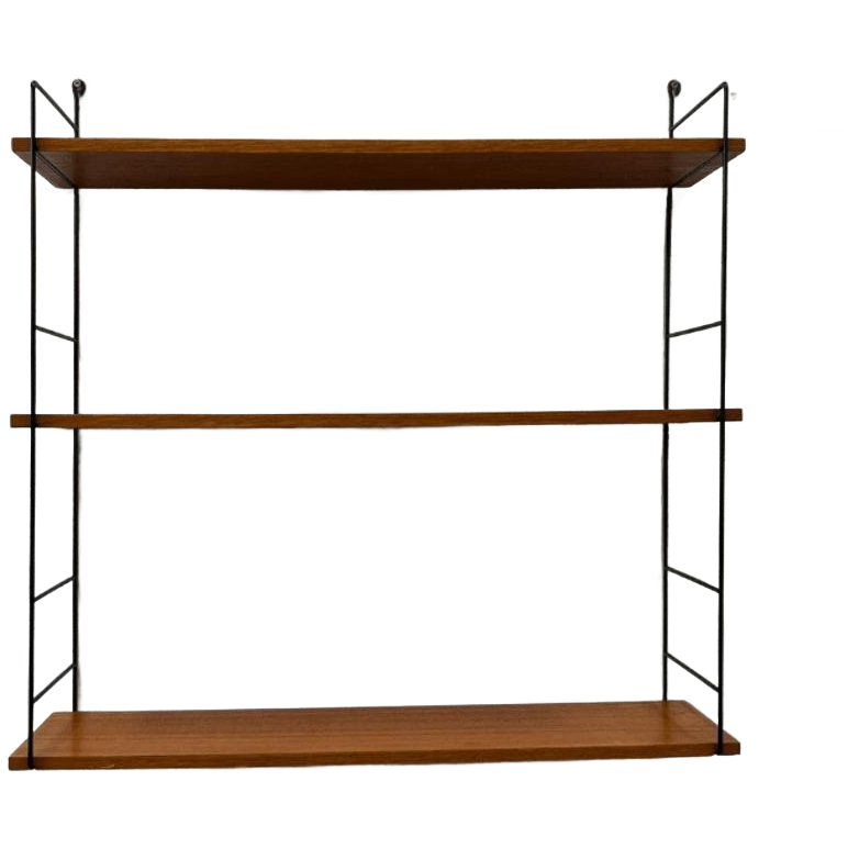 Vintage Wandrek 3 Planken Teak, Zwart Draadstaal 'ladders' image 1
