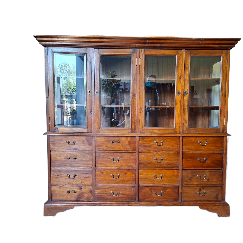 Antieke Klassieke Engelse Vitrinekast, Ladekast, Winkelkast, Apothekerskast Afm. 213x52 En 192cm Hoog. image 1