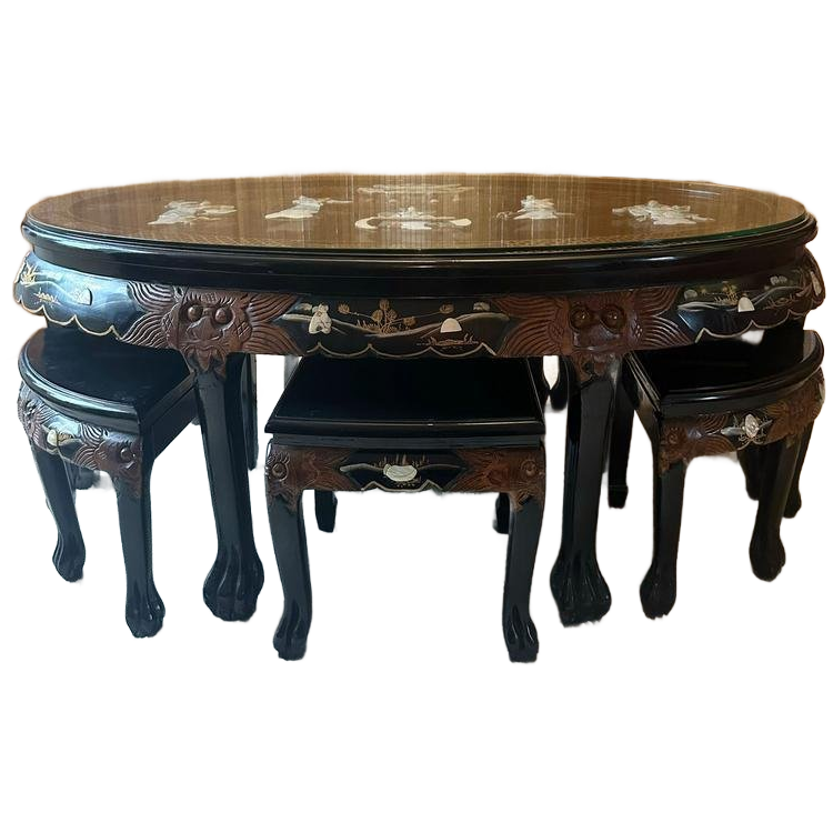 Chinese Salontafel Met Houtsnijwerk Incl 6 Krukjes image 1