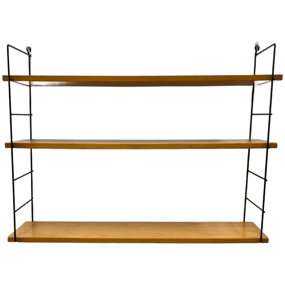 Vintage Wandrek Zwart Draadstaal, Licht Hout 3 Planken image 1