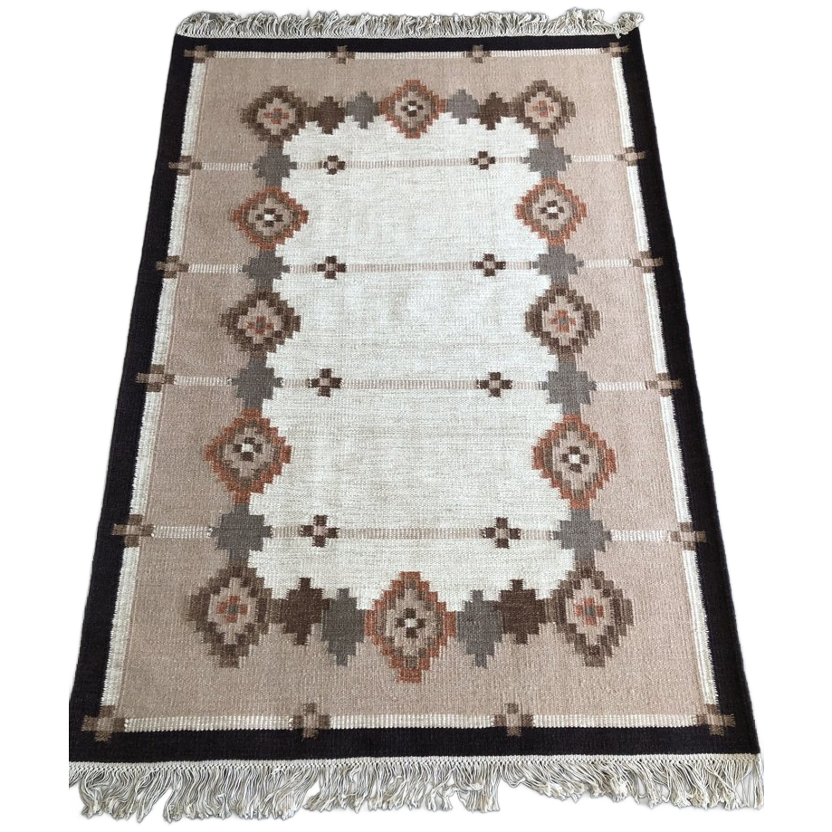 Handgeweven Wollen Scandinavisch Rollakan Vloerkleed Kelim Bruintinten image 1
