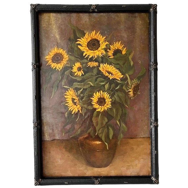 Antiek Xl Schilderij Zonnebloemen Olieverf M. Bertels 1920’s image 1