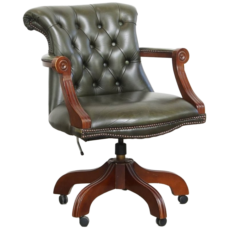 Tijdloze Groene Rundleren Chesterfield Bureaustoel In Engelse Stijl Op Wieltjes image 1