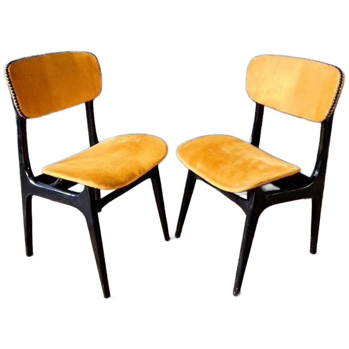 2 Vintage Stoelen In Zwart Gelakt Hout En Mosterdstof, 1960 image 1