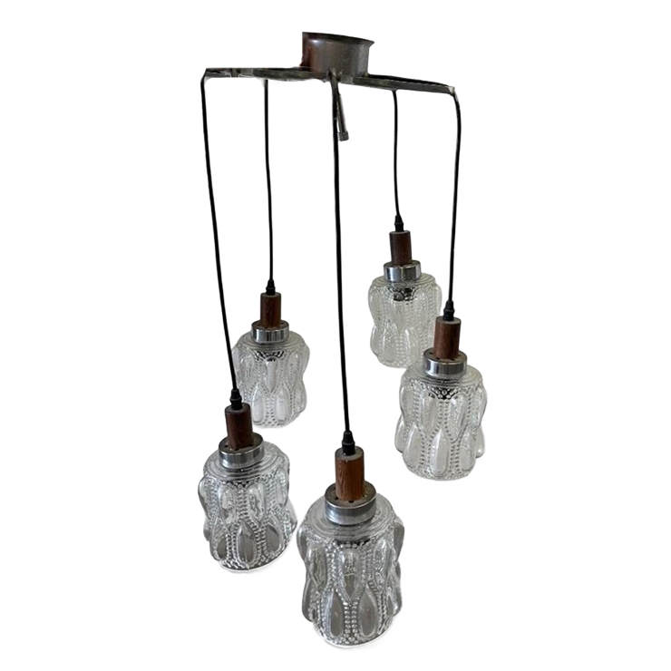 Vintage Hanglamp / Chandelier Met 5 Glazen Kappen image 1