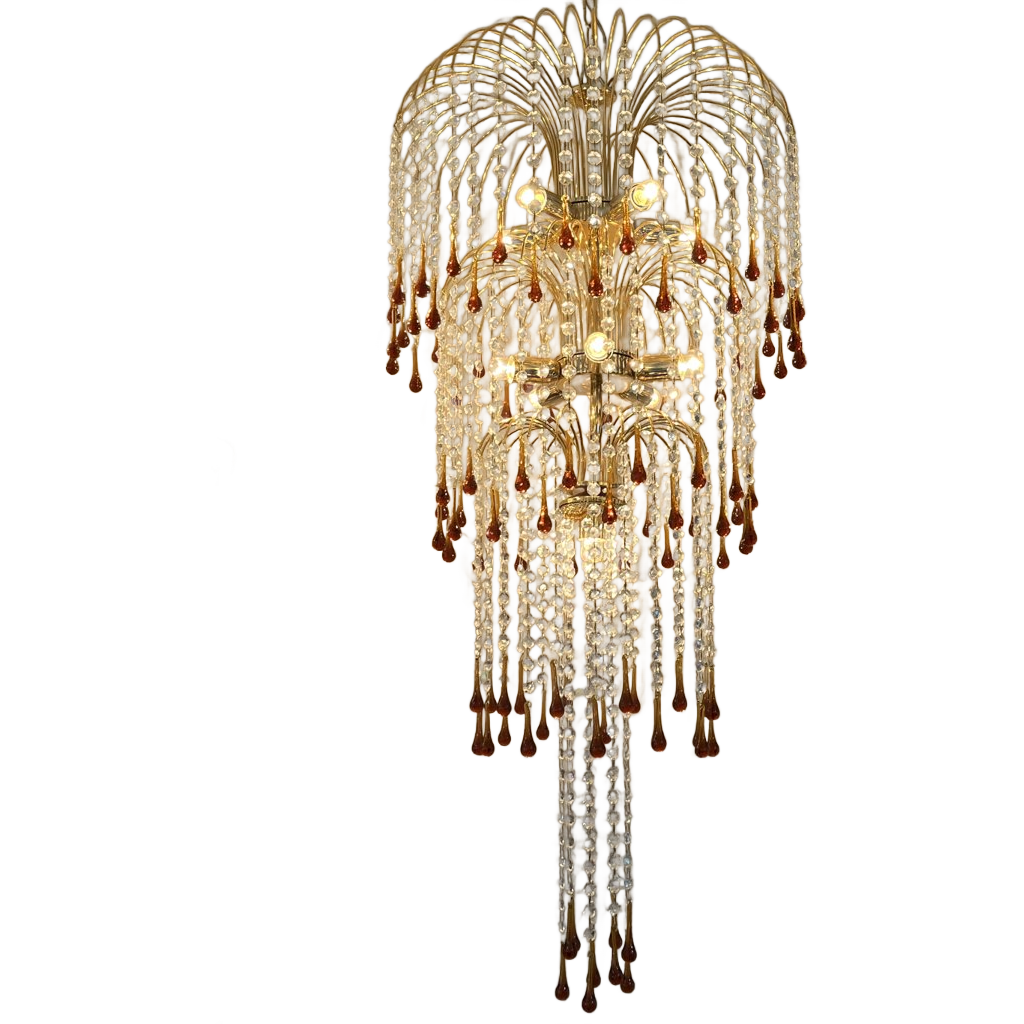 Xxxl Vintage Murano Teardrop Bruine Pegels Kroonluchter Goud Frame image 1