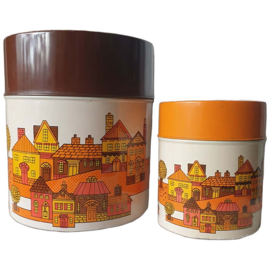 Retro Japanse Blikken Jaren 70 Oranje Bruine Huisjes 2st image 1