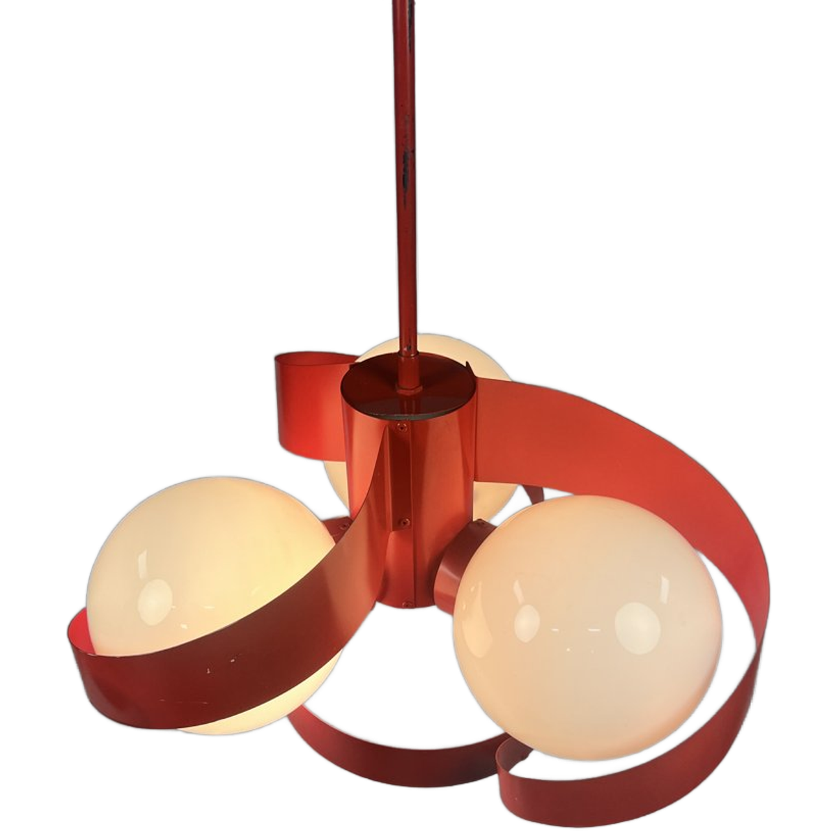Vintage Rode Metalen Hanglamp / Kroonluchter, Space Age, België 1970's image 1