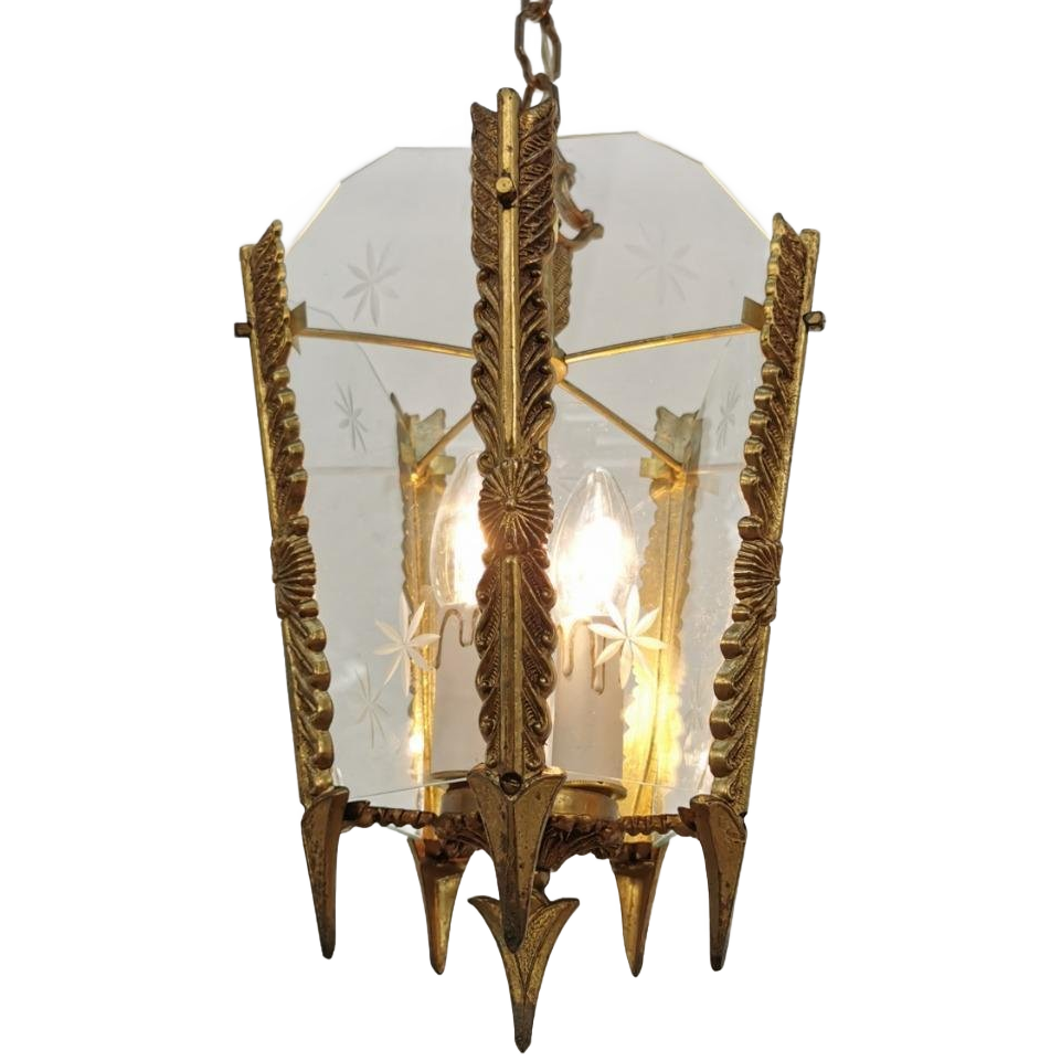 Vintage Franse Messing Lantaarnlamp, Hanglamp, Lamp Met Ketting image 1